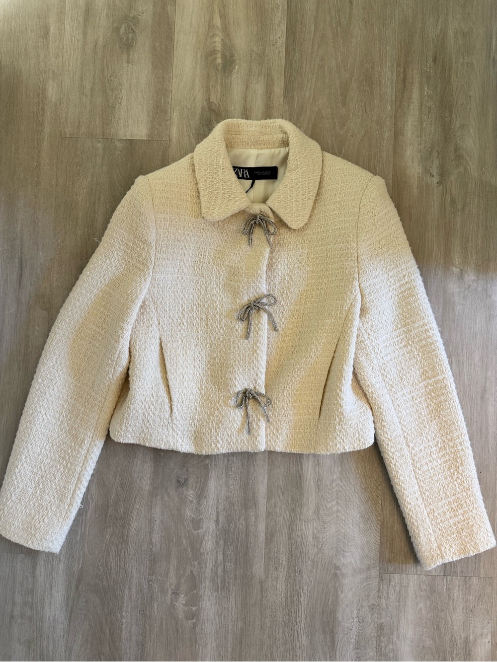 Zara Cream Bouclé Jacket with Decorative Bow Ties